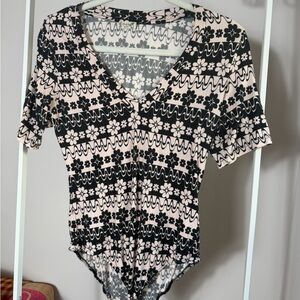 Free People Black and Cream Floral Bodysuit